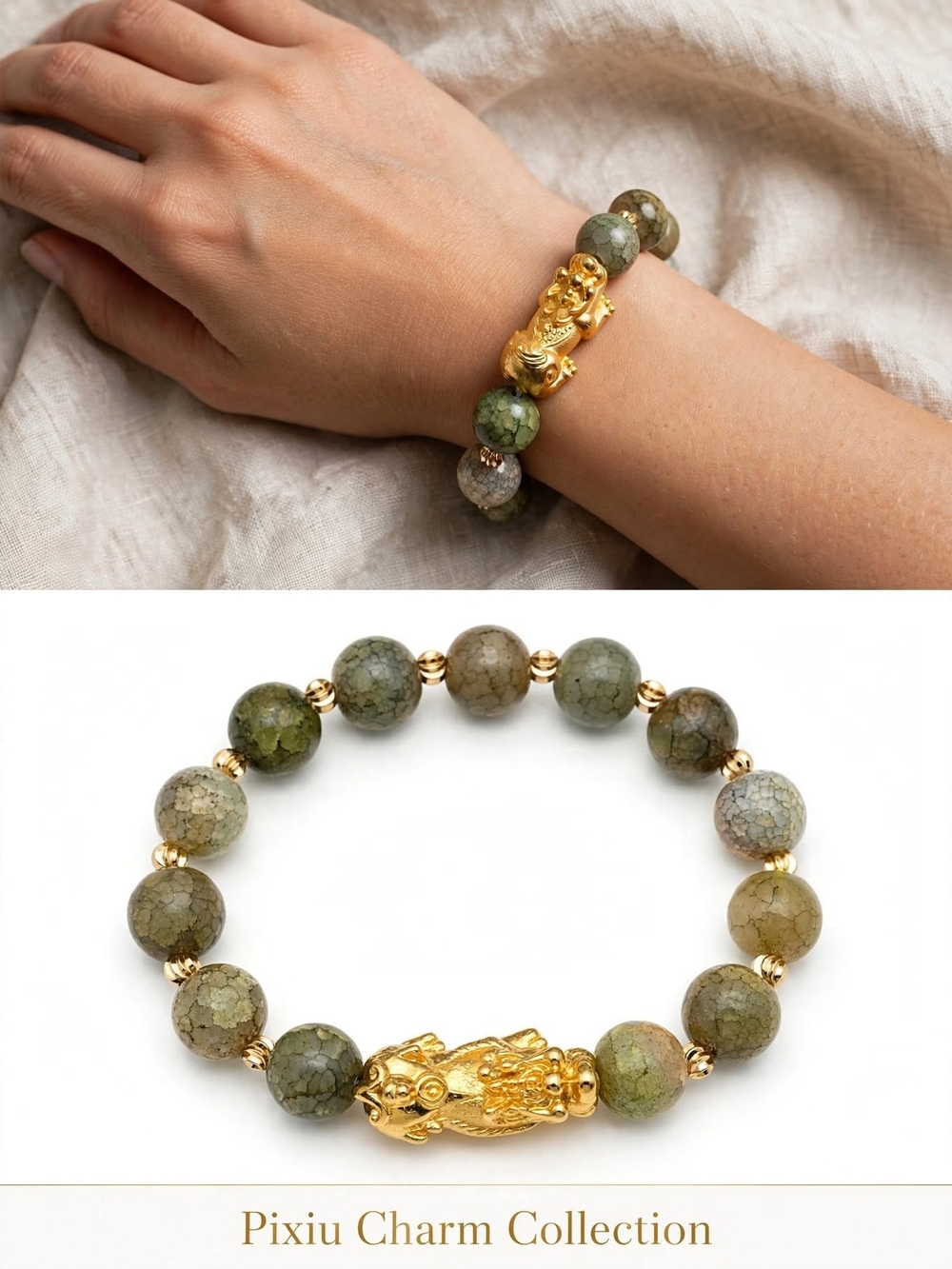 Pixiu Charm Green Agate Beaded Bracelet with Gold Accent